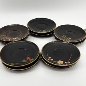 Lot Of 10 Otagari 4.5" Painted Black Tea Cup SaucersDessert Plates Laquerware
